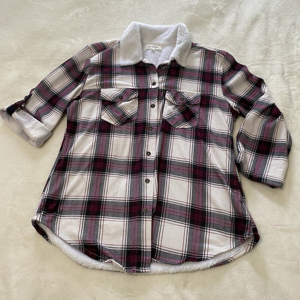 Eden & Olivia Cozy Women Size L Plaid Shirt with Sherpa Collar